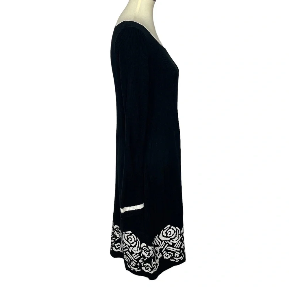 London Times Dress Womens Large Black White‎ Rose Ribbed Knit Sweater Acrylic